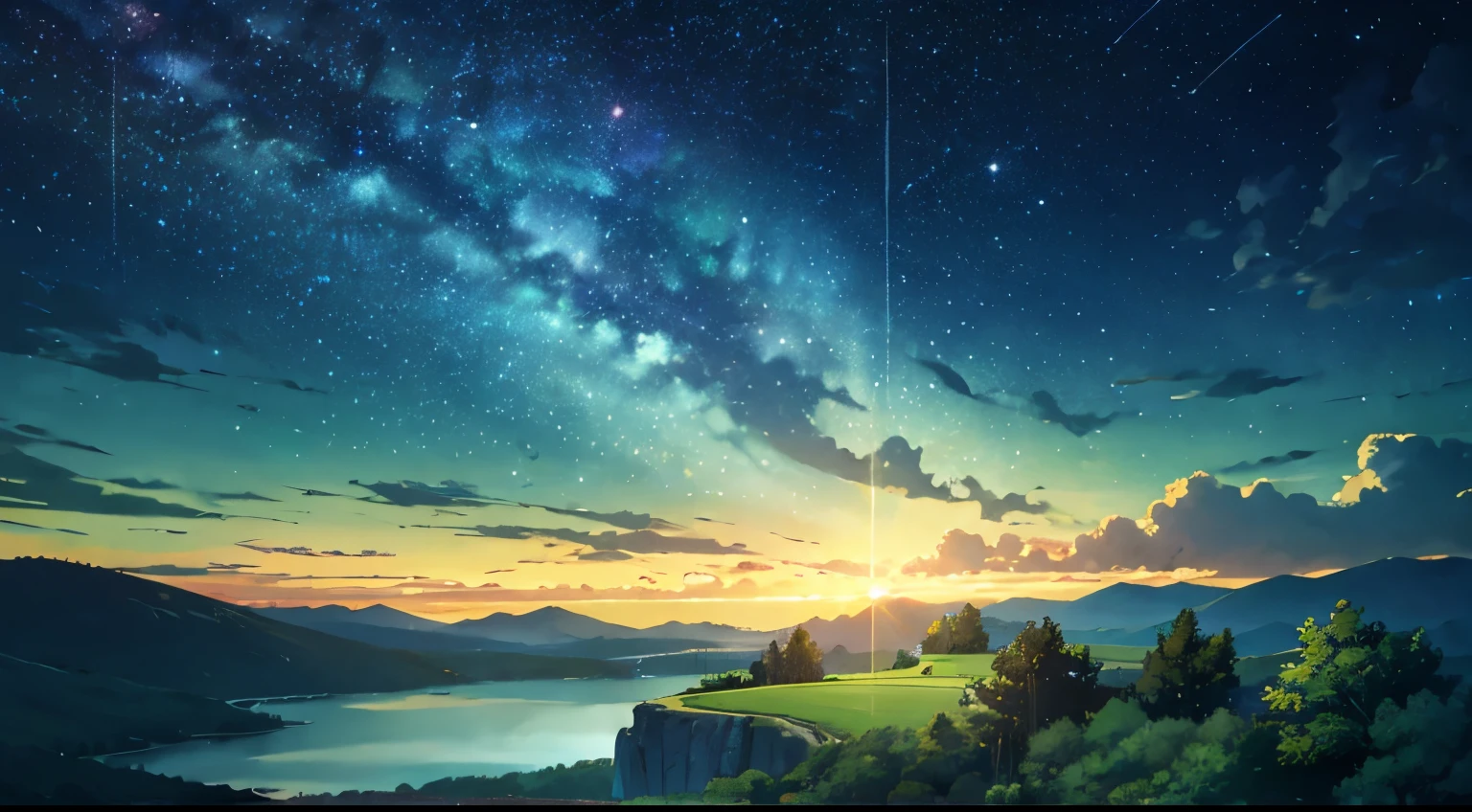 Starry sky and green mountain scenery