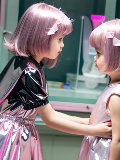 Floor-to-ceiling windows in the living room on the 180th floor of the Shanghai Tower door,Two little girls in openwork translucent stockings holding toys,Pout,Pink double-tailed hair and cyan eyes,Anime little girl in servant costume