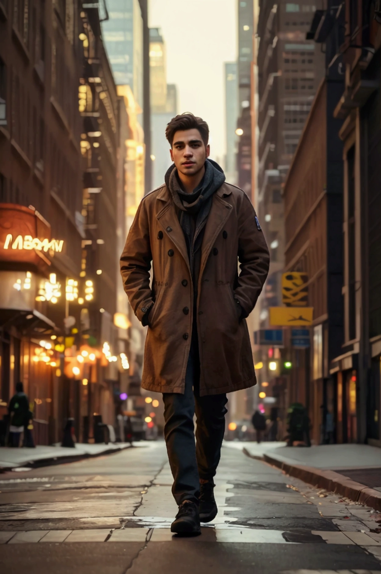 A man in his 20s walking down a street in New York City, looking at the camera, buildings, litter, mid-afternoon lighting, casual outfit, (best quality,4k,8k,highres,masterpiece:1.2),ultra-detailed,(realistic,photorealistic,photo-realistic:1.37),cityscape, urban environment, moody lighting, warm tones, cinematic, street photography, environmental portrait