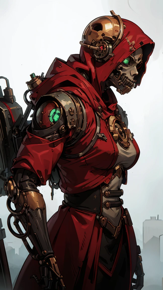 from front view of an adeptus mechanicus robotic techno-priest, skull mask, several arms, modest and ornate red techno-priest robes, in a hoodie, that fall and are faded (made of black circuit board), with a covered face, tech mask, mechanical tentacle arm, green mechanical eyes, half skull, gears, rust, dirty red tunics, asymmetrical body, respirator, huge backpack, 8k, lot of details, grimdark, MechanicusStyleAI, (((((portrait of upper body)), mascle, from front view, plain white background, standing)))