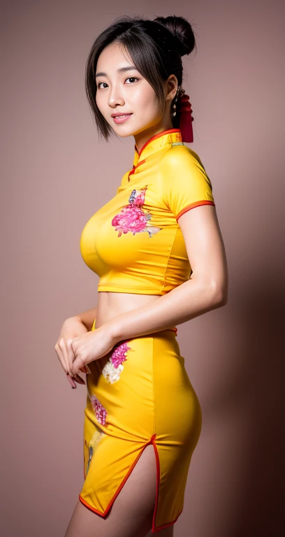 (extra detailed body,extra detailed face,best quality:1.2),1girl,looking at the viewer,  natural poses, hands on hip, pink-beige hair color, traditional red qipao, silky fabric, a kind smile,fancy accessories, bob hair, ponytail , simple yellow background,ultra-detailed,highly detailed,photorealistic,masterpiece,intricate details,vibrant colors,soft lighting,elegant,fashion portrait,beautiful woman, huge breasts, perfect body anatomy, cowboy shot, head to toes , long smooth legs, SFW)