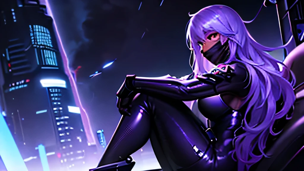 cyberpunk style、girl、sit in a sexy pose、Black Cybersuit、Face masks、Professional photo composition、Full body shot from the side、Galaxy stars in the background、Tesla coil explodes、Stranded pirate ship、A world of chaos、Dark Room、wallpaper、high quality、high resolution、High definition、