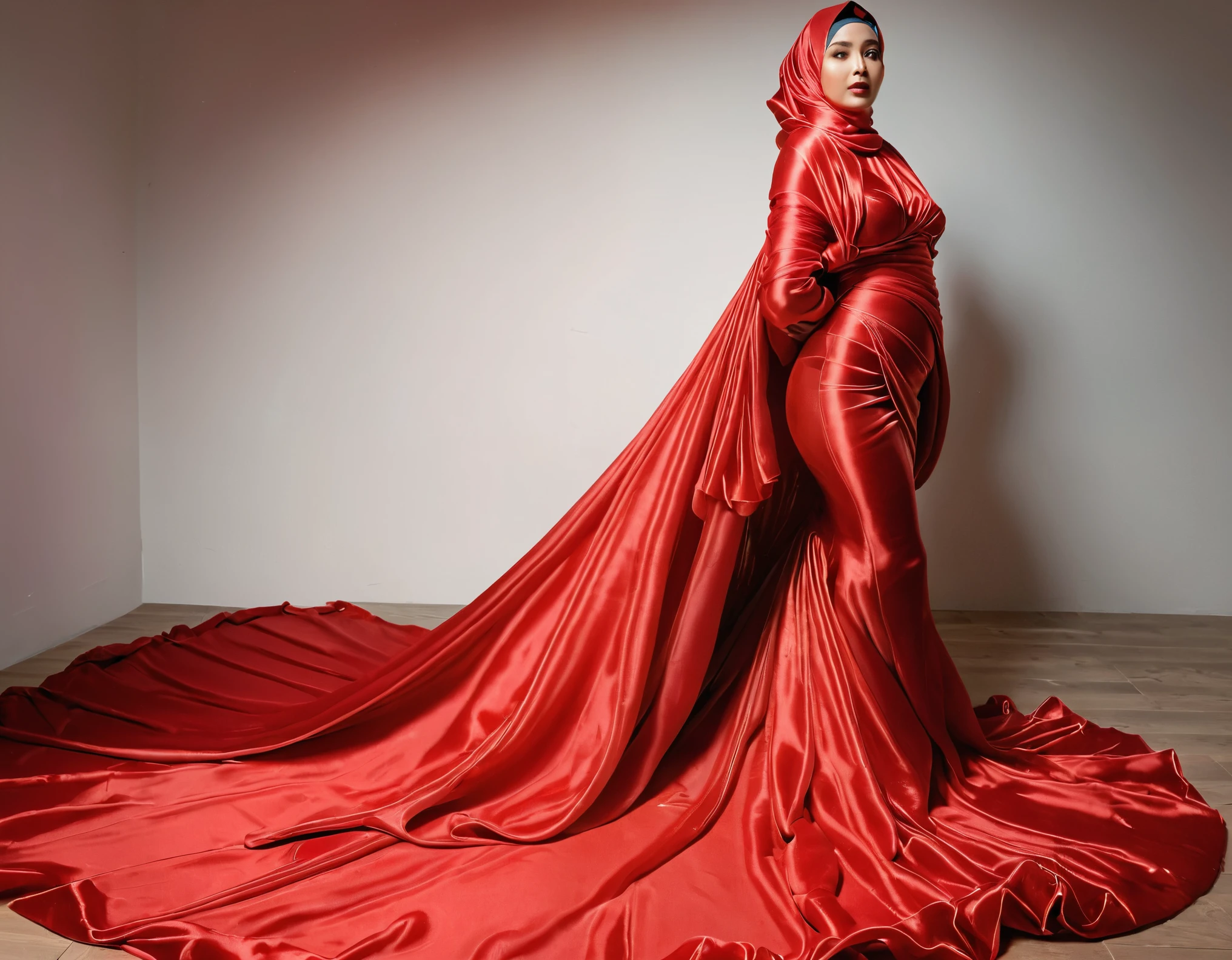 A woman shrouded in a 10-meter-long, plush red semi transparent satin shimmer cloth, slim body with big breast, tightly bound and grandly draping along the form of her body, flowing off into a pooled floor-length train, styled in a mermaid-inspired outfit, her head modestly veiled in a satin hijab, tall woman, strugle to move, standing in photo studio, a full-body pose conveying a sense of mysterious elegance, captured in a 4k resolution, ultra-realistic