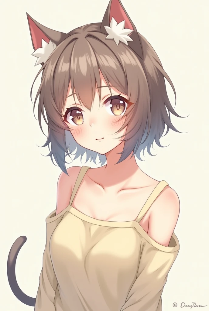 A  is smiling at you. She's got matcha hair, brown eyes. She's wearing a brown and beige dress and brown and beige cat ears.