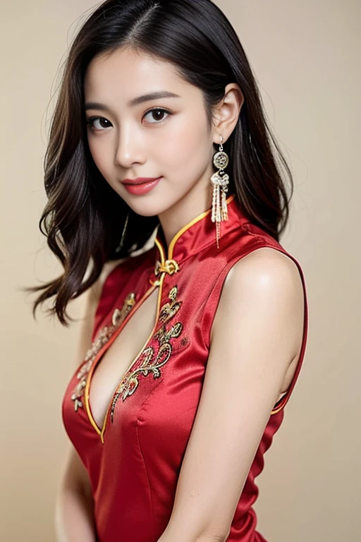 (extra detailed body,extra detailed face,best quality:1.2),1girl, beautiful facial features, looking at the viewer,pink-beige hair color, traditional red qipao, silky fabric, a kind smile,fancy accessories, simple yellow background,ultra-detailed,highly detailed,photorealistic,masterpiece,intricate details,vibrant colors,soft lighting,elegant,fashion portrait, gorgeous woman, cowboy shot, head to knee, sfw)