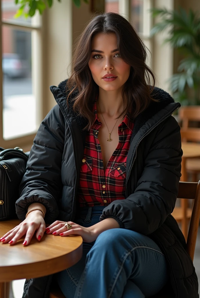 Full body beautil pale white skin latin woman, 5'7" tall, medium lush black hair, deep green eyes, wearing zip up brown quilted down nylon jacket with golden buttons, closed zipped up adidas black track jacket under nylon jacket, black bell bottom pants, rolled up sleeves, zipping up jacket, up collar, cleavage, red and black plaid formal button down blouse under track jacket, happy smile, sitting on sofa at shopping center, high hill sandals, summer sunny day, bag, watch and bracelet, neck chain, ear rings, crossing legs, cup of juice