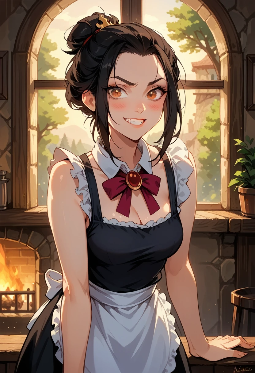 azula, alone, 1girl, Beautiful, Best Quality, extremely detailed face, perfect lighting, looking behind, bending over inside a Tavern, Adding wood to fireplace, stone hearth, fireplace, cute, jawline, perfect body, perky cleavage, messy hair bun, mascara, Wide Smile, maniacal, fang, teeth, blushing, blushful, Collar, red brooch, tight clothes, thin clothes, sleeveless, low cut shirt, tank-top, apron, maid, barmaid, barmaid outfit, daytime , window, trees outside window, soft light