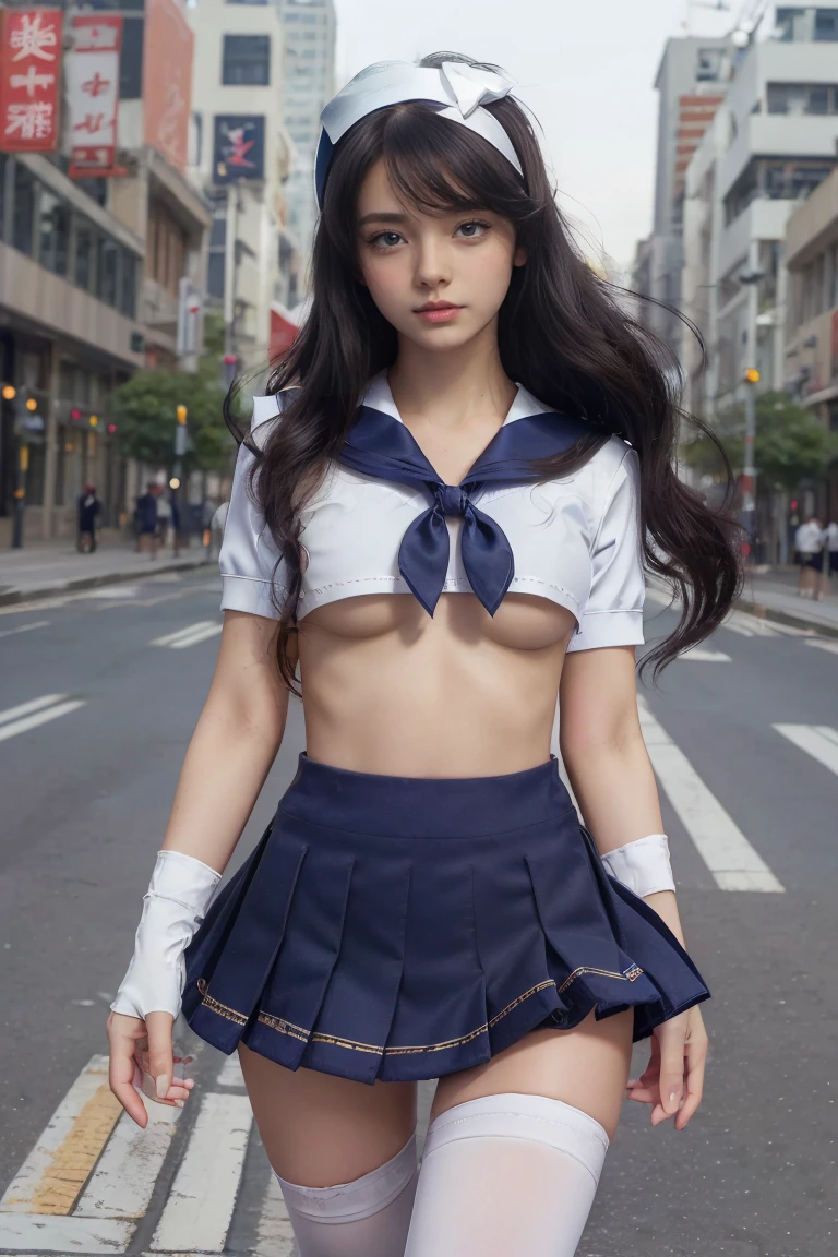 ((masterpiece, Highest quality, Best image quality, High resolution, Realistic, RAW Photos, 8k))、A city in the near future、neon、 (girl)、Bright dark blue eyes、Sharp eyes、Thin Nose、Beautiful Face, 1 female、Beautiful girl、teenager、(girl:1.2)、(Black Hair、Straight long hair:1.2)、(Navy Mini Skirt:1.5)、(White Knee High:1.2)、(Short sailor suit、Short sailor suit:1.3)、(White headband:1.1)、(Composition above the knee:1.2)、(Looking into the camera:1.3)、((Small breasts:1.2))