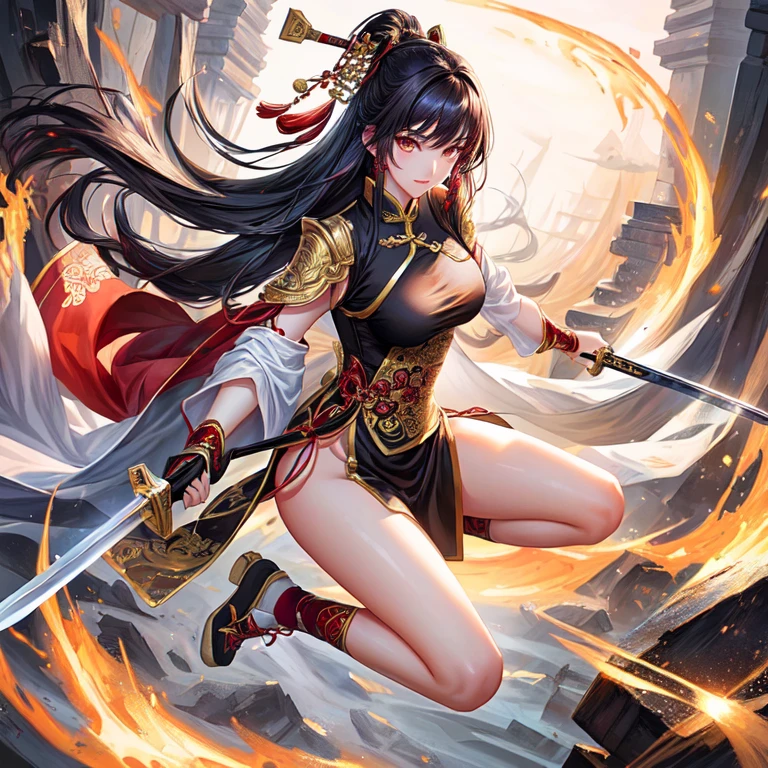 (best quality),  detailed background, oriental nobless,warrior girl,combat arts,holding halberd,oni, monster army