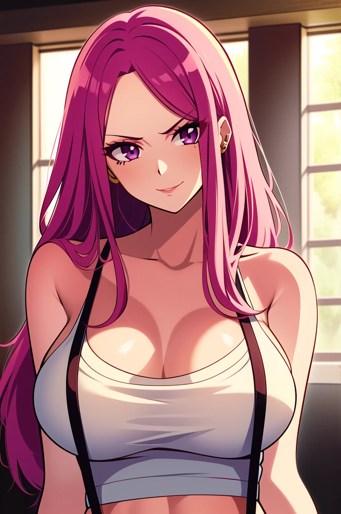 2d, work of art, best qualityer, アニメ, high-detailed face, highly detailed background, perfect lighting, 1 girl, standing alone, jewerly bonney, long hair, pink  hair, purples eyes, clavicle, ha, jewerly, thicc thighs, lipstick, aretes, bracelet, shining skin, tummy, へそ, make up, piercing below the eye, ssmile, neckleace, breasts big, chemise,  panties pink , suspenders, regatta, looking ahead at viewer, red chemise, sleeveless chemise, sleeveless, Inside the house, bared shoulders, booties, window, volantes, giorno, sky, nube, 