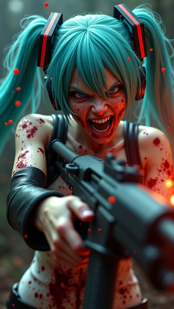Cybernetic_Jawless, mask, a woman with green hair lying on the ground, shot from above, (covered in blood, gore), with empty_eyes, (cybernetic implants, augmentations, cyborg), lying on a sidewalk, lit by colorful neon lights,