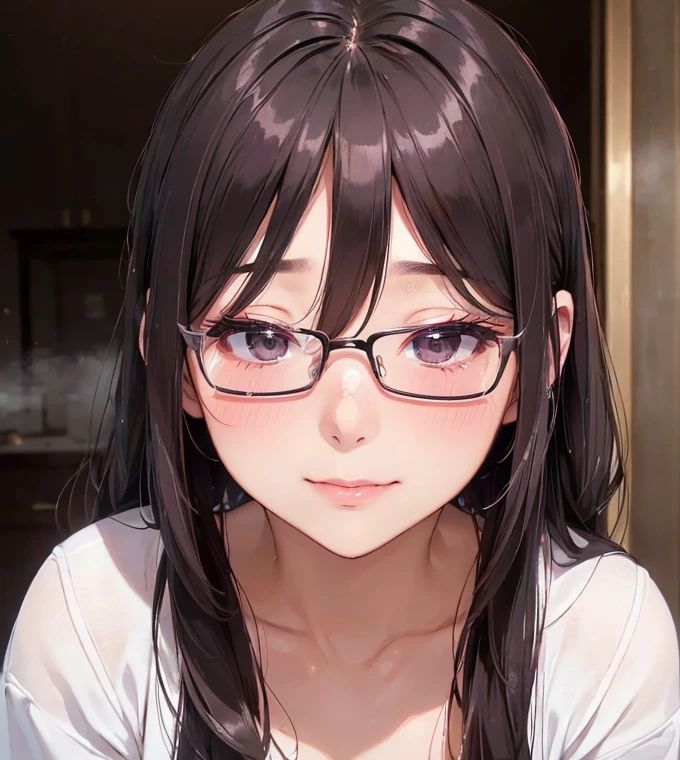 Erotic、Bedroom、Completely naked、slender、Smooth, very beautiful, white skin　A girl about 、Expressionless　Glasses、Black Hair、Sweat、Close-up of face　child　Small　Big eyes　Small breasts　Mouth up　Blowjob　Sucking dick