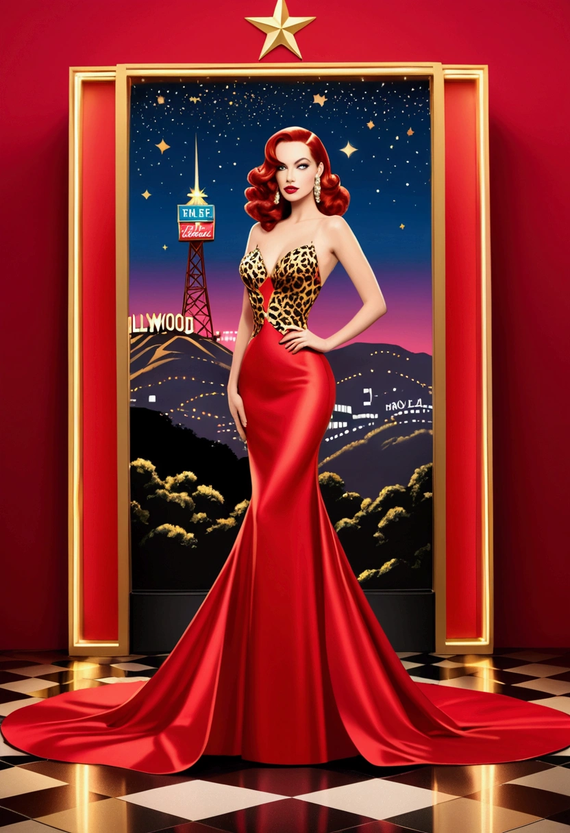 A captivating watercolor painting of a young, beautiful woman, embodying the essence of an attractive performer in a modern-day bar. She wears a dazzling red dress, adorned with shimmering sequins and intricate patterns. Her long, wavy hair flows around her shoulders, and her eyes sparkle with confidence. The vibrant colors of the painting bring the stage lights to life as she gracefully sings and dances, stealing the attention of everyone in the room.