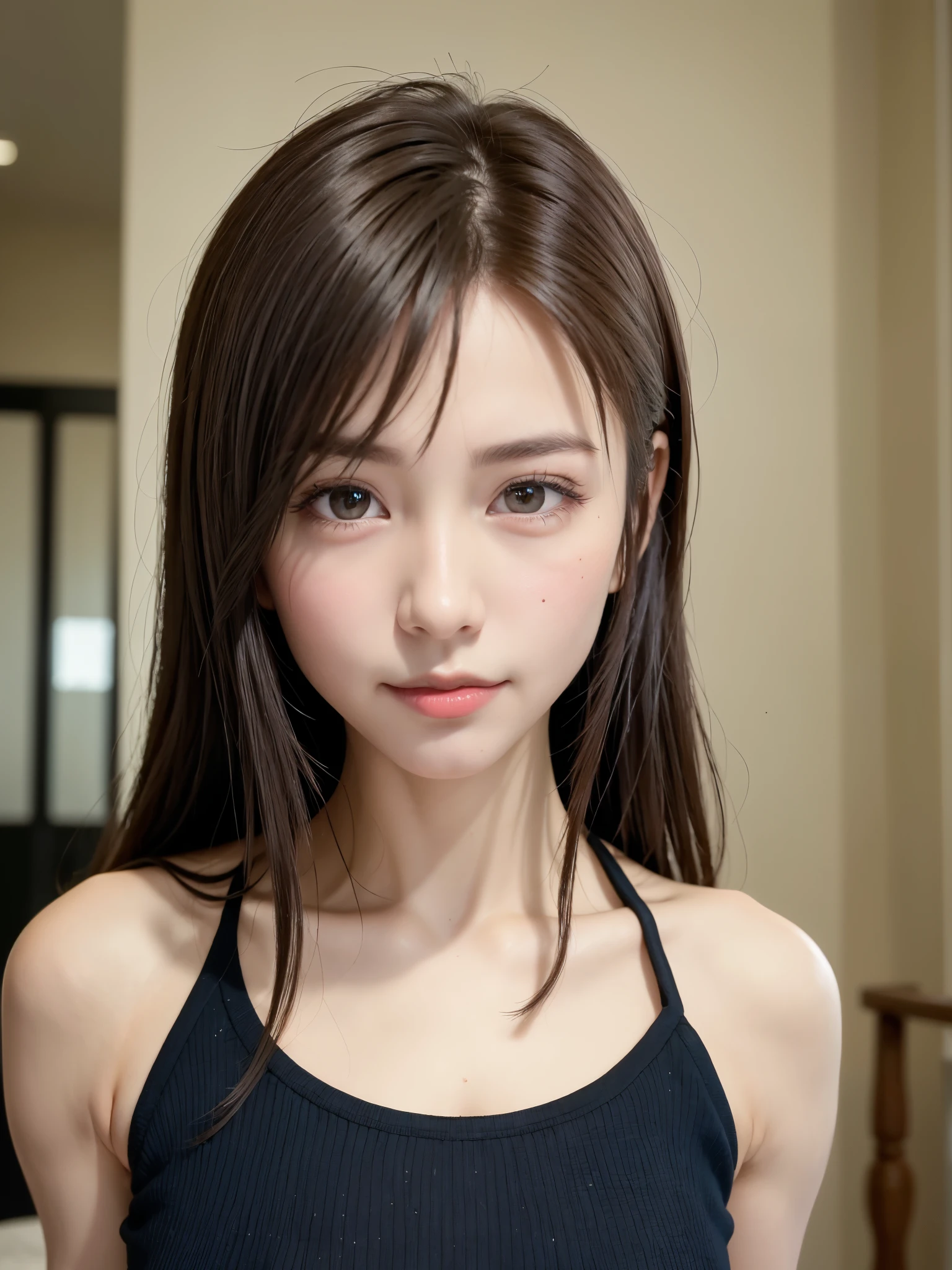 ８ｋ、High resolution、maid clothes fashion、beautiful girl、slender body、young、white skin,、narrow eyes,high nose,lighting that illuminates the face、clear image、intellectual beauty、skinny、no makeup、anxious look、lighting that illuminates the face,shining hair、single eyelid