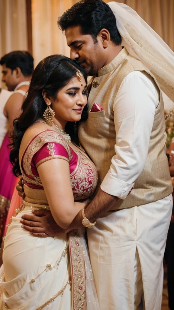 A radiant, full-figured South Indian 45 year old bride ( surrounded by a group of men)wearing a transparent cream colour silky saree standing in a living room, , captured in a full-body image with vibrant hues and meticulous details. Full body image