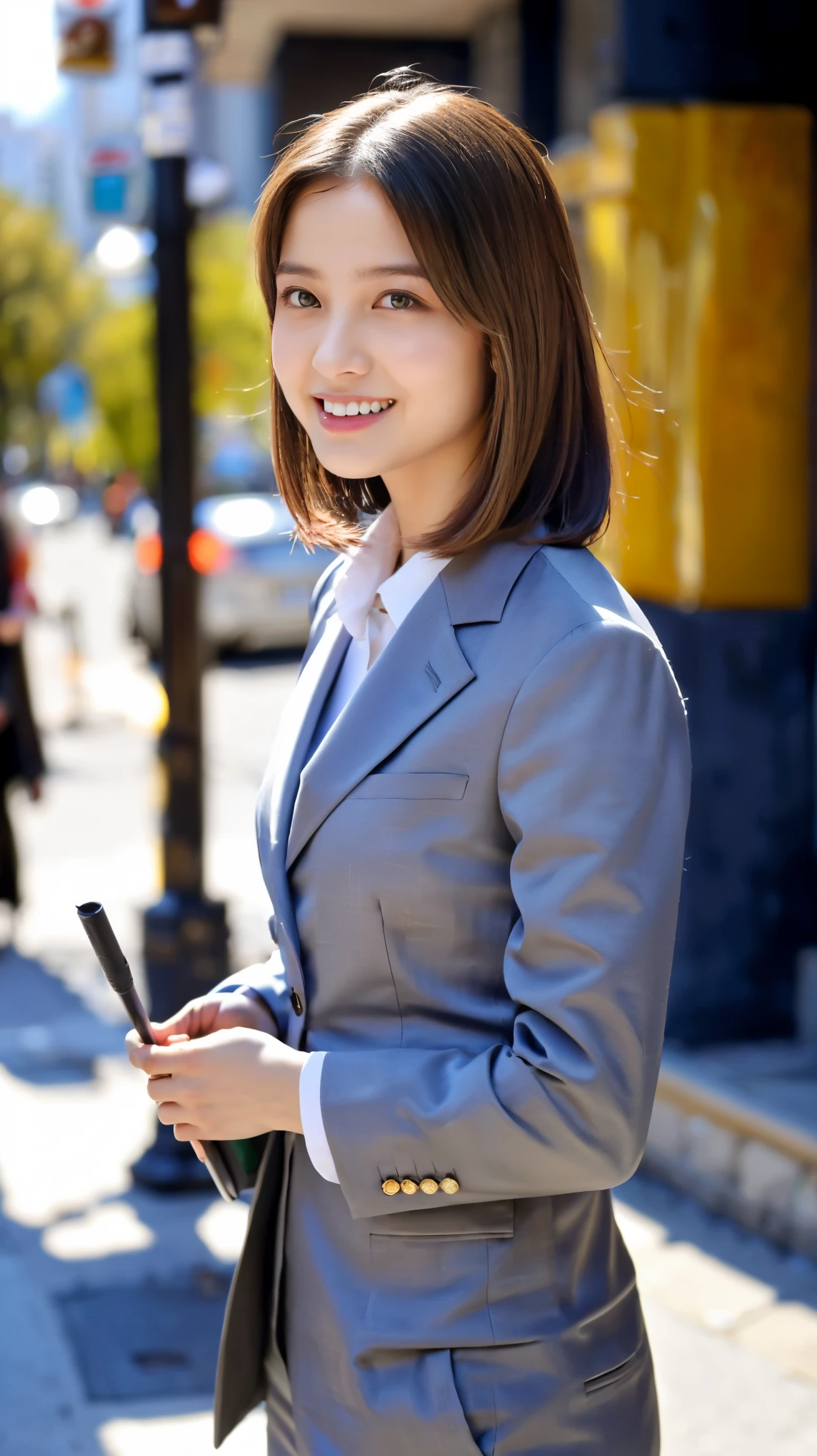 Woman in a suit standing on the sidewalk,((25-year-old woman))、small Breasts、Dark brown hair color、Hairstyle with bangs、Various hairstyles、Hairstyles of different lengths、(8k, RAW Photos, highest quality, Tabletop: 1.2),、(Realistic, Realistic: 1.3), Cityscape, Day, Sunny Morning, Professional Lighting, Photon Mapping, shirt, (Woman in a suit,) Silk Suit、Pencil Skirt、Tight Skirt、((Delicate photo))，(Detailed RAW Photos of Girls), (Tabletop:1.25), (highest quality:1.6), (超A high resolution:1.5), (Realistic:1.75), 8k resolution, Caphin EOS R5, 50mm, absurdes, Ultra-detailed,Cinema Lighting, (Skirt Lift:1.5)、nsfw、the wind is strong、smile、Skirt flipped up, ((phi_panties)), beautiful pussy,