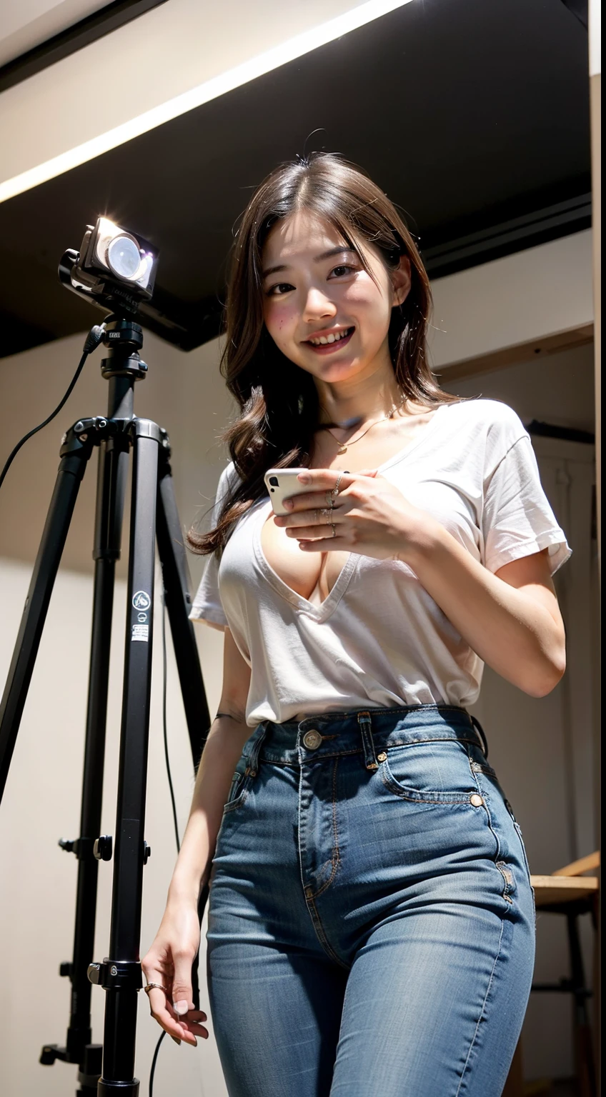 A boldly composed photograph of a Japanese woman that looks like it was taken by a famous artistic photographer, (((Blockbuster art photography)), (8k, Highest quality). A stunning composition using a model with excellent proportions. Perfect beauty model with a confident and balanced appearance, ((Highest quality質)), ((masterpiece)), (Familiar:1.4), ((Highest quality質のリアルな写真)), ((Shot with Hasselblad)), ((Best photo quality)), Beautiful womanの画像,Super Resolution,Slim and perfectly proportioned, Beautiful woman, ((Highest quality質, 8k, masterpiece: 1.3)), Beautiful woman, 1 female, Slim figure: 1.1, Perfect beauty, 20-year-old, (Realistic: 1.4), Ahegao, Shining Sweat, thin, Art photo composition with space around the woman, See through, (((Filming in a spacious studio))), (((The background is only gray and there is nothing.))), Full body photo, Anatomically correct hand, Anatomically correct legs, anatomically correct whole body, Marble room,　White t-shirt and shorts. Cowboy Shot, (((Holding your crotch with your hand))). Spread your legs, drinking beer, Nipples are protruding,
