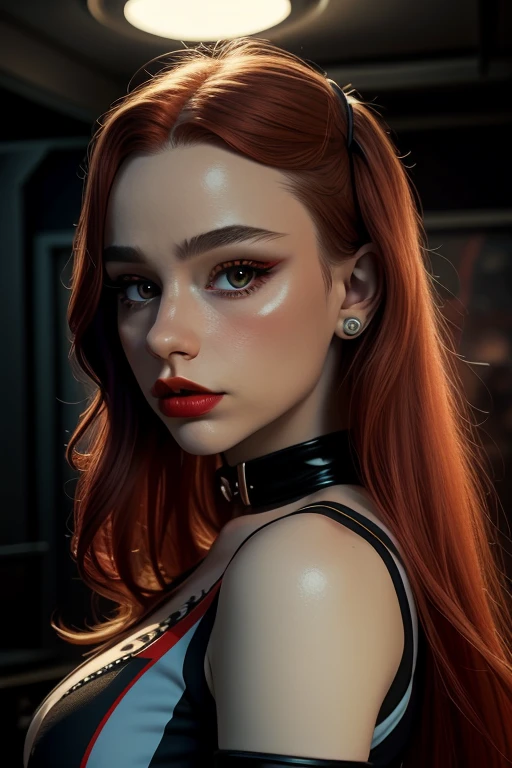 a beautiful young girl with long red hair, harley quinn costume, holding a handgun, detailed face features, piercing blue eyes, full red lips, porcelain skin, detailed tattoos on her body, detailed costume accessories, multicolored hair, detailed expression, detailed hand holding gun, detailed background, highly detailed, photorealistic, 8k, 4k, hyperdetailed, highly stylized, cinematic lighting, dramatic colors, dark and moody atmosphere