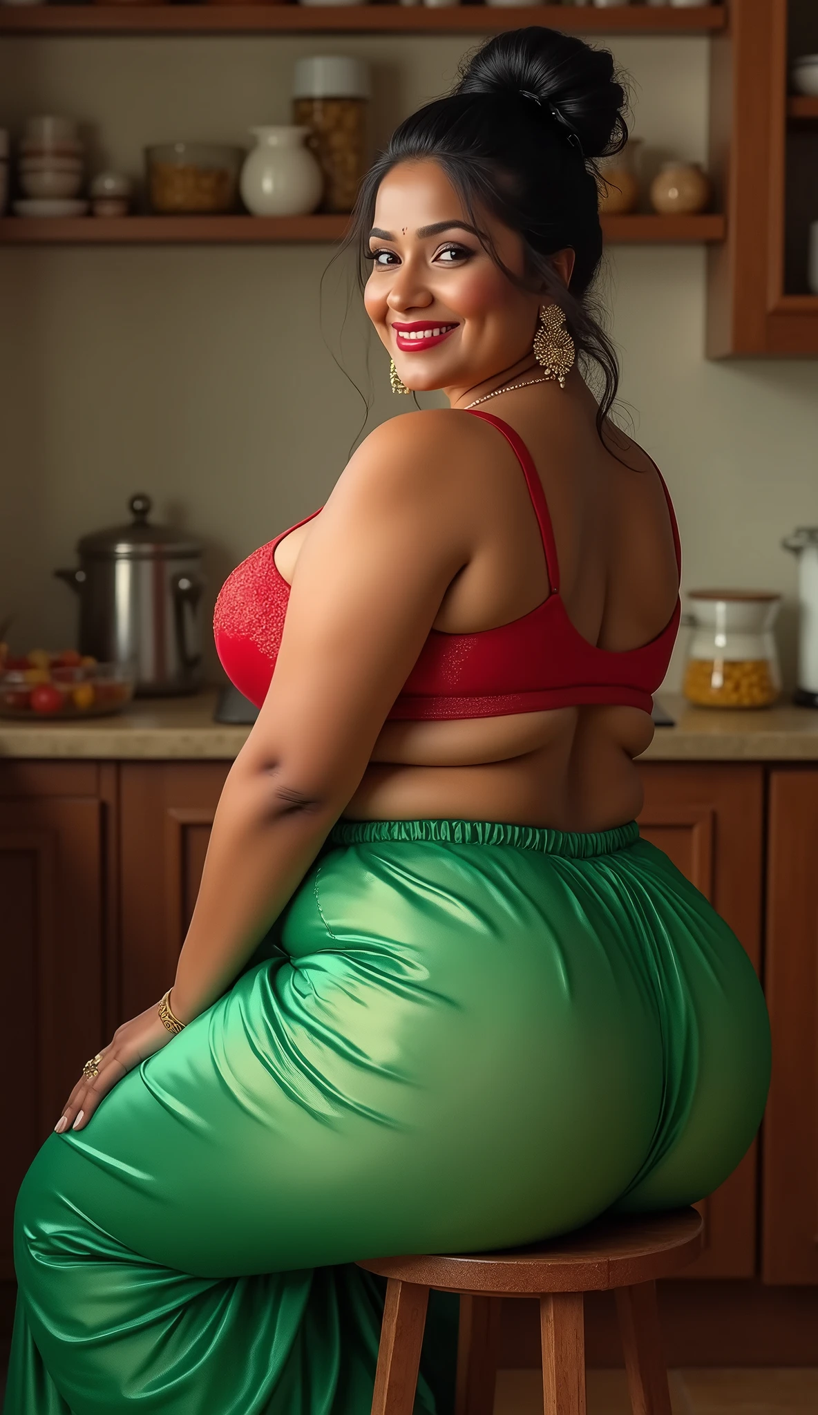 Kerala actress anu sithara,looking at the viewer, wearing shiny glossy and reflective finish polyester plus size  full length transparent white silk skirt and transparent blue bikkini ,red panties, big Fat ass, Voluptuous, wide hips,Big thighs, scooped Big breast, ,fat wide ass , thin curvy tummy, messy bun, lipstic, smiling face,strap high heels, Jewellery, sitting on a small stool in kitchen , ornaments, white skin tone, clean skin, (back side view)