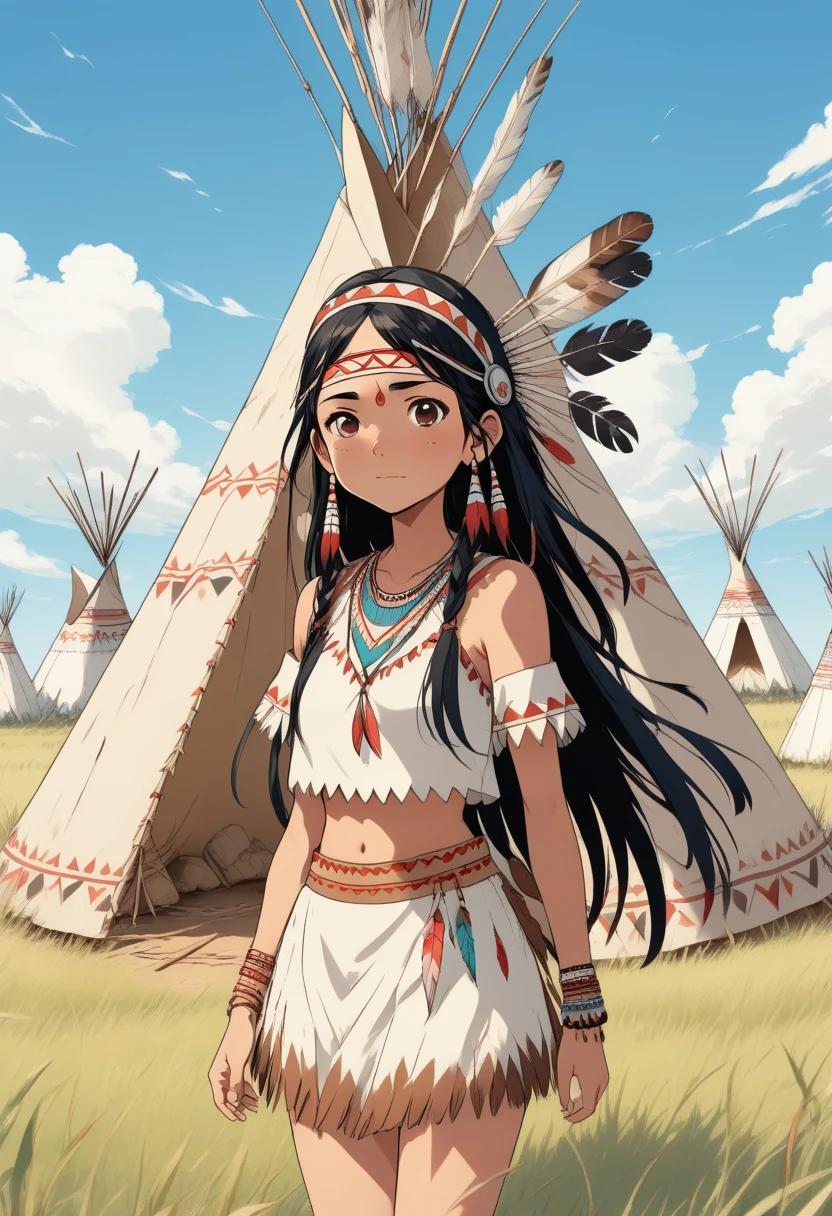 score_9, score_8_up, score_7_up, score_6_up, score_5_up, score_4_up, source_anime, old manga style, kawaii native american indian girl character, winking, indian costume, headband, bird feathers on her head, teepee, grassland