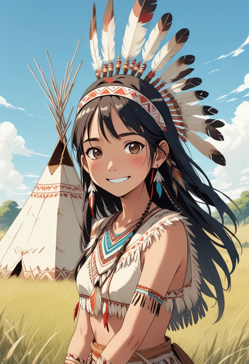 score_9, score_8_up, score_7_up, score_6_up, score_5_up, score_4_up, source_anime, old manga style, kawaii native american indian girl character, smiling, indian costume, headband, bird feathers on her head, teepee, grassland