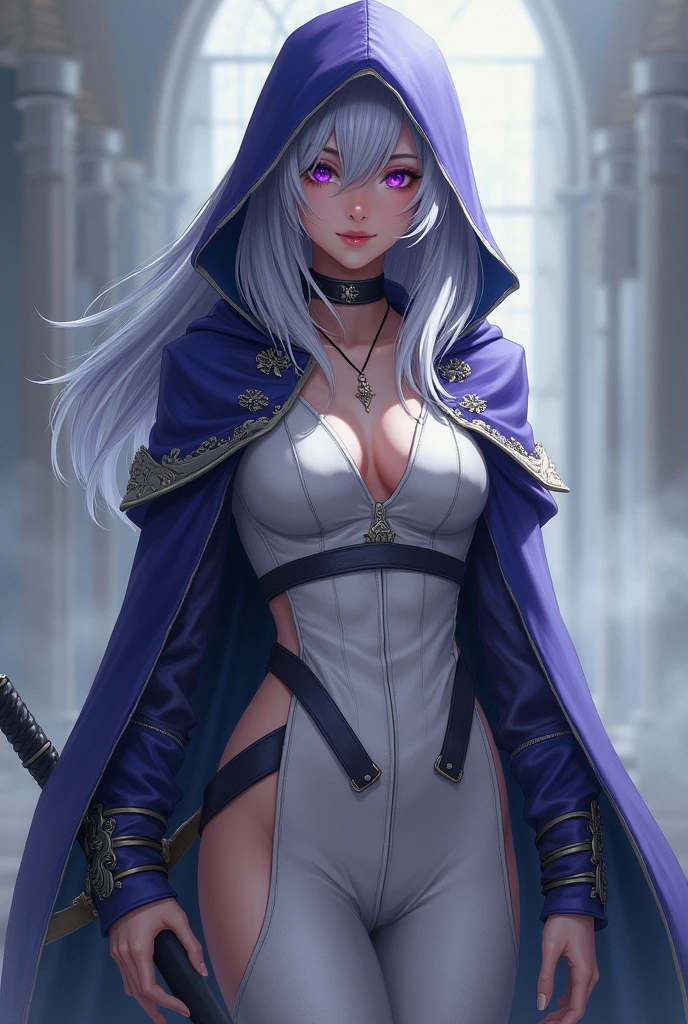 female elf rogue, Black hair, pointed ears, white skin, hooded cape, topaz eyes, leather robes, full body art.