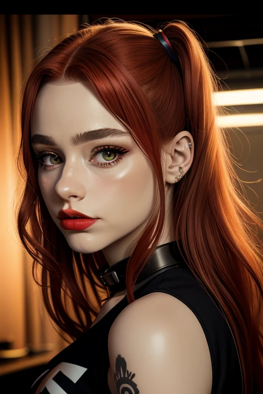 a beautiful young girl with long red hair, harley quinn costume, holding a handgun, detailed face features, piercing blue eyes, full red lips, porcelain skin, detailed tattoos on her body, detailed costume accessories, multicolored hair, detailed expression, detailed hand holding gun, detailed background, highly detailed, photorealistic, 8k, 4k, hyperdetailed, highly stylized, cinematic lighting, dramatic colors, dark and moody atmosphere