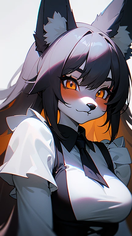 1girl, purple fur, orange eyes, fox girl, medium breasts, dress shirt, portrait, simple background, (furry:1.5) <lora:lycoris_s01:0.6>