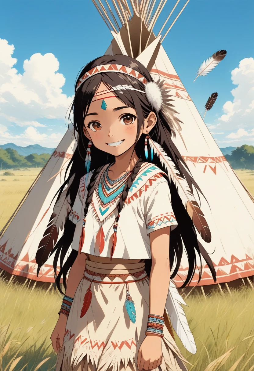 score_9, score_8_up, score_7_up, score_6_up, score_5_up, score_4_up, source_anime, old manga style, kawaii native american indian girl character, smiling, indian costume, headband, bird feathers on her head, teepee, grassland