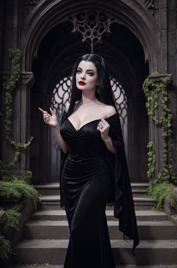 SKS woman dressed as Morticia Addams, <lora:demiMoore_v10:1>,cosplay photograph