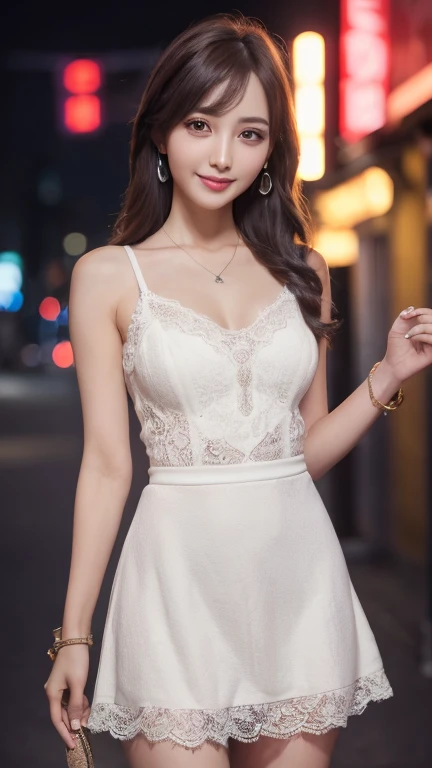 (Highest quality、8K、32k、masterpiece:1.2)、Cute Japanese women photo edium breasts、(Wolf Cut)、(semi-long dark brown hair),Full Body Shot、Surface Focus、((White Wedding Dress))、necklace、From above、Looking at the audience, I see a very delicate face., Skin and Hair,Muscular,thin,High Style,High resolution、Urban Background、Kind eyes、((Dynamic Shadows))((New York night view、Blur the background、))、smile、short hair、Curly Hair、Tabletop、Close-up of face、