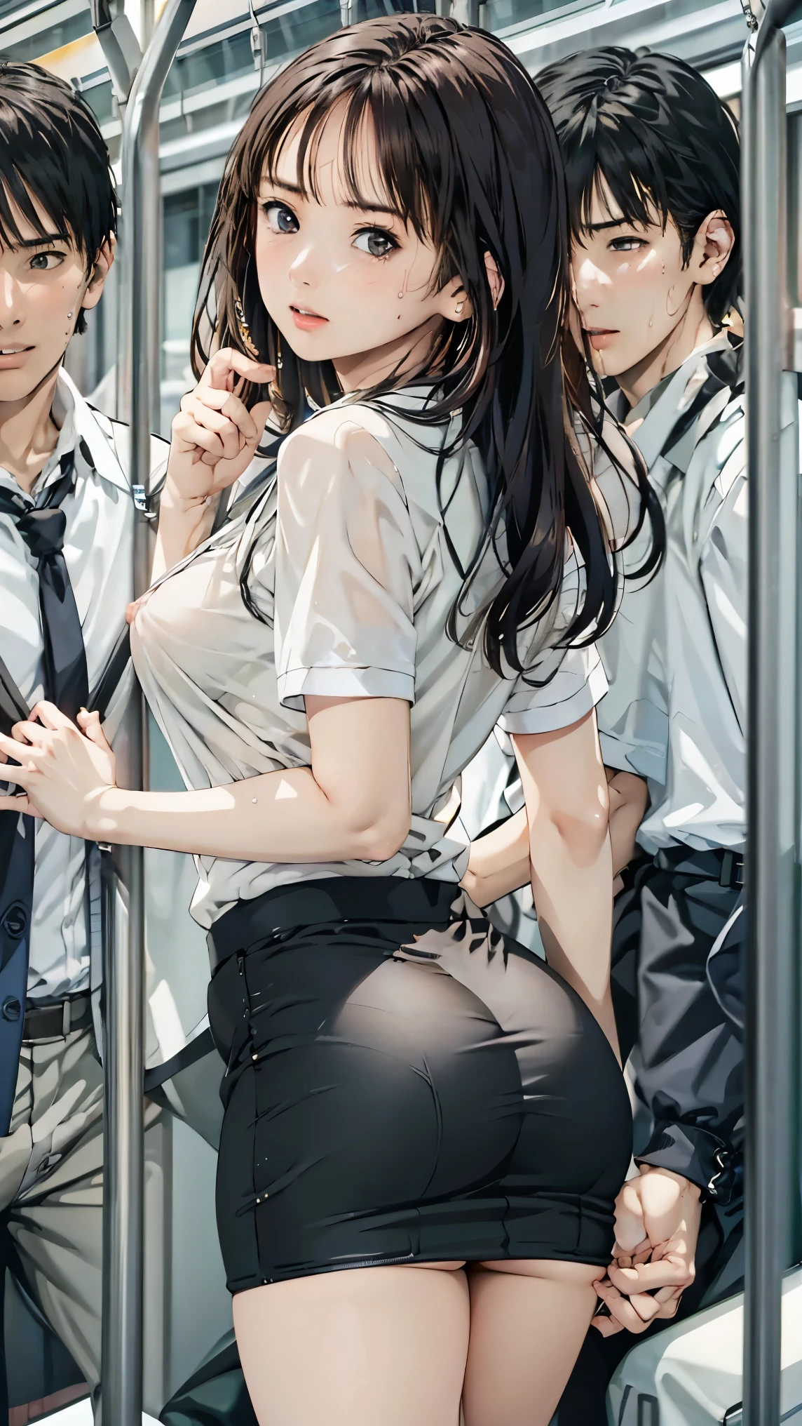  crowded train、(Lots of guys and girls) ,（Being attacked by men）、expensive,170cm、  (on the train、Being molested), White blouse、Big Breasts、blush、(resist)、Long Hair、They hesitate、anger、Sweaty body、Wet Hair,  Underarm, Big Breasts,Realistic nipples, Realistic butt crack, Long Hair , (expensive色彩彩度:1.0),  (Very detailed肌), (Highest quality:1.0), (Ultra-high resolution:1.0) ,(Realistic:1.0), (Very detailed:1.0), (8k, RAW Photos:1.1)、(Touching your own with your hands)、(A man is touching her breasts from behind)、(Back Sex)、Squirting、Center of chest、Spread your legs、(good)、pubic hair、Many men attack、My chest is being rubbed、Standing、Nipples、Being fingered、Navy blue mini skirt