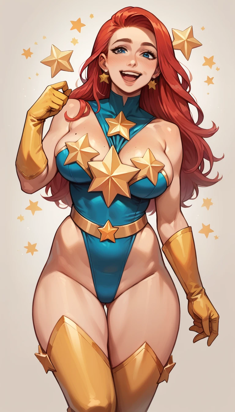 score_9, score_8_up, score_7_up, score_6_up, (((masterpiece))), (((Best Quality: 1.5))), Sexy, Superheroine, Red hair, long hair, busty, plump, curvy, ((blue highleg leotard with a t-back thong and a gold star insignia on chest)), gold boots, gold gloves, happy expression