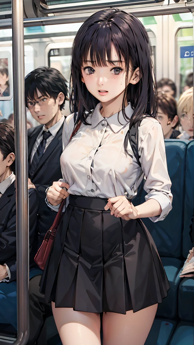  crowded train、(Lots of guys and girls) ,（Being attacked by men）、expensive,170cm、  (on the train、Being molested), White blouse、I&#39;m about to be stripped、Big Breasts、blush、(resist)、Long Hair、They hesitate、anger、Sweaty body、Wet Hair,  Underarm, Big Breasts,Realistic nipples, Realistic butt crack, Long Hair , (expensive色彩彩度:1.0),  (Very detailed肌), (Highest quality:1.0), (Ultra-high resolution:1.0) ,(Realistic:1.0), (Very detailed:1.0), (8k, RAW Photos:1.1)、(Touching your own with your hands)、(A man is touching her breasts from behind)、(Back Sex)、Squirting、Center of chest、Spread your legs、(good)、pubic hair、Many men attack、My chest is being rubbed、Standing、Nipples、Being fingered、Navy blue mini uniform skirt