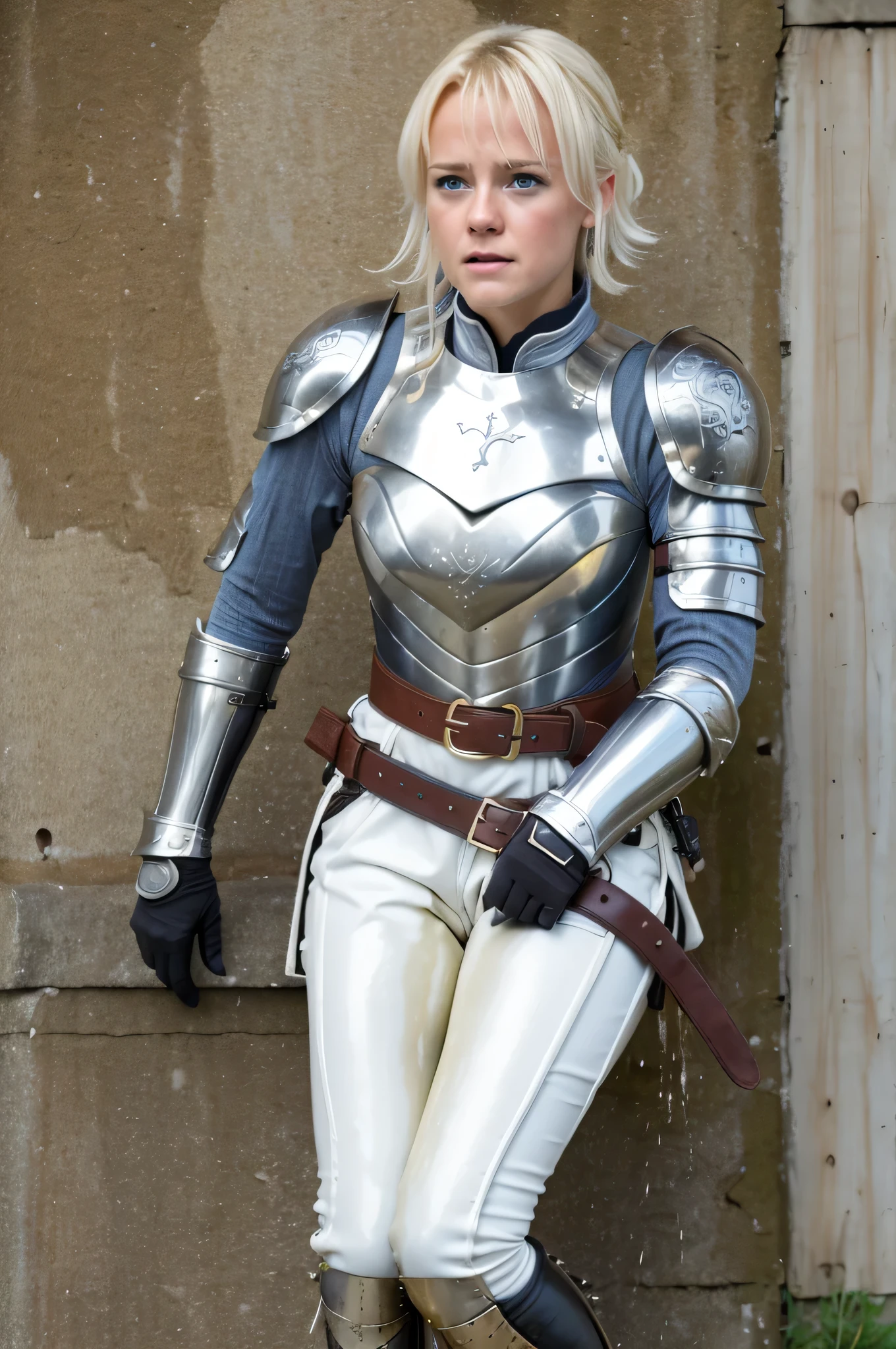 8k high resolution, best quality, briton girl, 20 years old, very short curly blonde hair, fantasy middleages, wearing white linnen riding breeches and a light blue chestplate armor, cowardly female squire, standing at a castle, tears running down her cheeks, smeared makeup, peeing her white riding breeches, pee pants accident, visible wet white riding breeches, terrified, peeing herself, cowardly, scared, visibly wet peestain, pee running down her legs, visibly wet fabric of her riding breeches, unexperienced squire, scabbard at her belt, white linnen breeches, shiny blue eyes