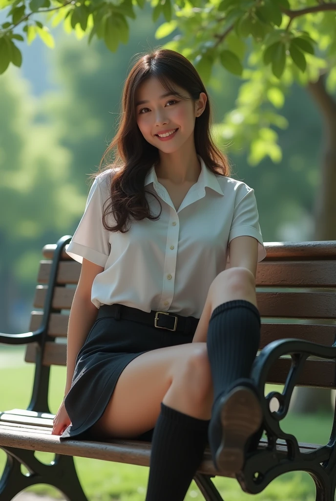 Pure Japanese girl, outstanding body, beautiful legs, wearing formal suits, (pantyhose), high heels, vivid makeup, arranged hair styles, sexual smile, sitting in park, secret temptation, spread wide legs, lift up skirt, professional portrait photography, dazzling summer sunlight,