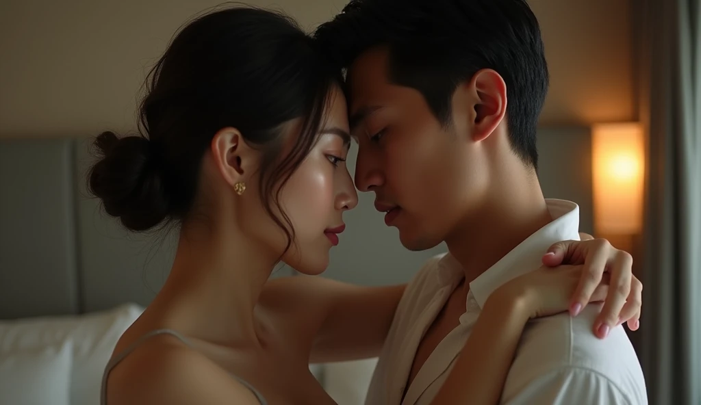 top-quality、超A high resolution、A hyper-realistic、reallistic、Raw photography、8k picture、Young beautiful woman kissing the nape of the neck from behind、Caressing a young handsome man、Sensual 2、hotels room、Mao Asada and Haruka Ayase have a love scene
