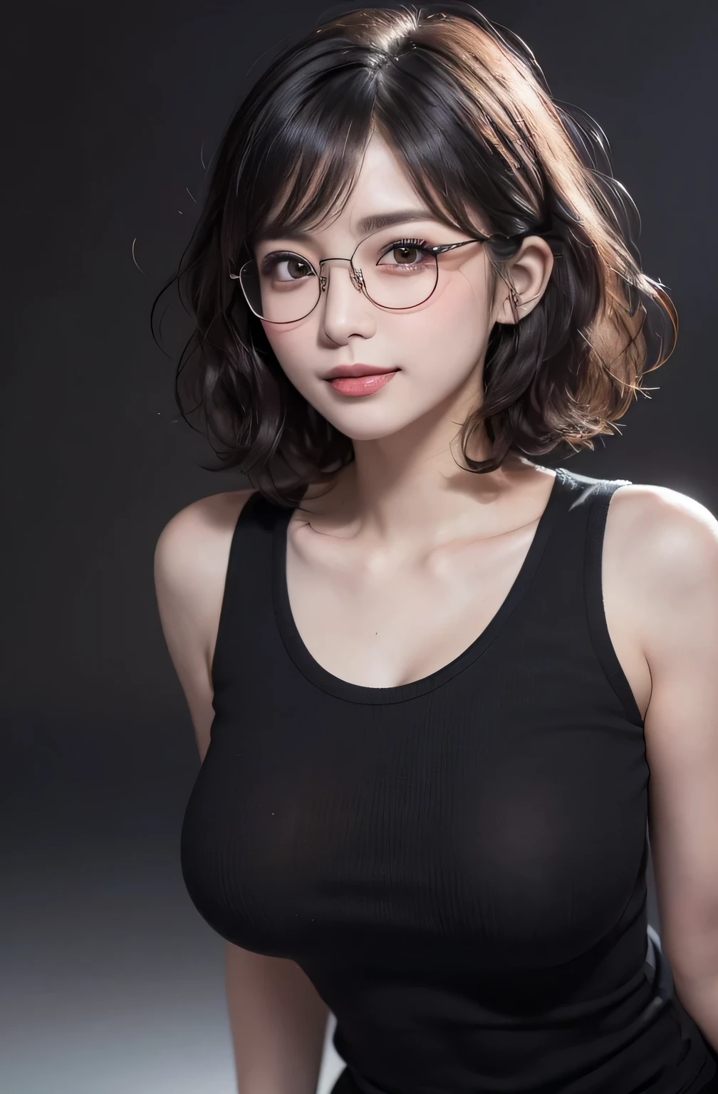 (((1curly short hair girl:1.3, alone))), Very beautiful、A Japanese woman wearing nice glasses, Centered Images:1.3, (sexy model), Professional attire, (2: 1.1), (From below :1.3), (Low - Angle:1.3), (Kneel:1.5), ((Top girl:1.5)), ((Put your arms down:1.3)), (Attractive random poses:1.3), (Cowboy Shot:1.3) ),
BREAK,
(curly short hair:1.3), (Shiny black fine hair:1.2), (Wavy and disheveled hair:1.3), (Curl on the inside:1.3), bangs, wind, Floating Hair, Dark brown eyes, Beautiful Eyes, (Drooping eyes),Princess Eyes, bangs, Hair between the eyes, short hair:1.3, curve, Abdominal muscles, perfect Abdominal muscles, (Very big ass,Wide ass),Thick thighs,Toned Legs,(Small breasts:1.5, Saggy breasts:1.5, Disproportionate breasts:1.5), (Narrow waist: 1.15, Abdominal muscles:0.95), (Detailed beautiful girl: 1.4), Lips parted, Red lips, Full makeup face, (Glowing Skin), ((Perfect female body)), (Upper body image:1.3), Perfect Anatomy, Perfect Proportions, (most beautiful Korean actress face:1.3, The face of a very cute and beautiful Japanese actress:1.3, A charming, light smile, (((Happy,smile))),The corners of the mouth are turned up,
BREAK,
(Bare shoulders, Chest to chest, Show Viewer, Tight sweater,Open chest,((Black clothing,))Detailed clothing, (Wearing round glasses:1.3),
BREAK,
(Simple dark grey background:1.2), (Dark Background), (Studio Soft Lighting: 1.3), (Fake lights: 1.3), (Backlight: 1.3),
BREAK,
(Realistic, PhotoRealistic: 1.37), (masterpiece, Highest quality: 1.2), (Ultra-high resolution: 1.2), (RAW Photos: 1.2), (Sharp focus: 1.3), (Face Focus: 1.2), (Ultra High Definition CG Integrated 8K Wallpaper: 1.2), (Beautiful Skin: 1.2), (Pale skin: 1.3), (Hyper Sharp focus: 1.5), (Ultra Sharp focus: 1.5), (Beautiful pretty face: 1.3), (Highly detailed background, Detailed Background: 1.3), Ultra Realistic Photo, Ultra-sharp images, Hyper-detail image,Realistic