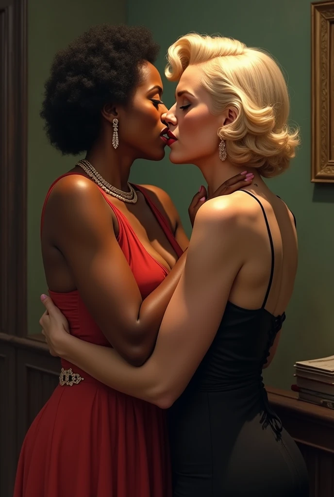 AnalogRedmAF Polaroid, 2 lesbian African american mature women with Thick thighs - tight waist and busty breasts, short hair - Kissing each other , wearing tight Satin long dress with cleavage, laying on a wet floor in an abandoned Nail Saloon (Boarded up windows)
