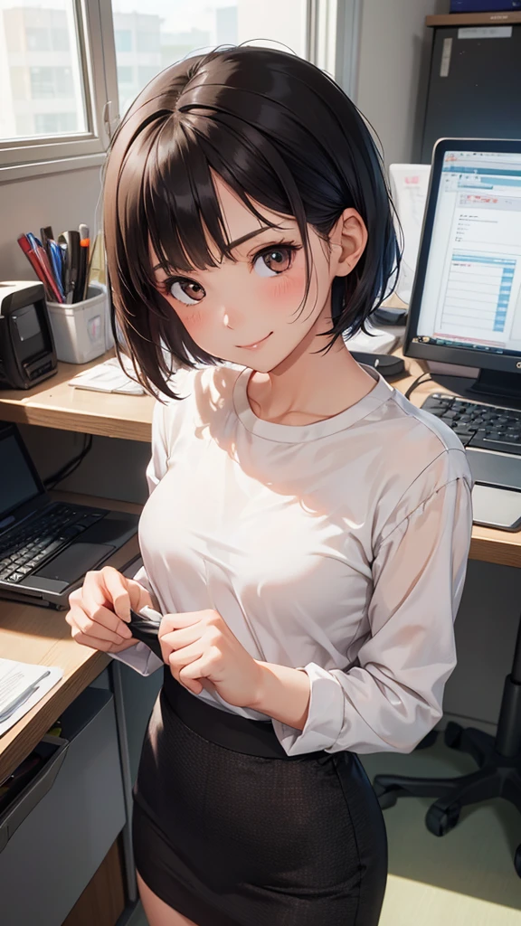 1girl, High Resolution, Long Hair, small-medium Breasts, tidy clothes, Looking at viewer, Blush, Smile, Black Hair, office suite, tidy hair, medium-short hair, office, workplace, slim body, detail face, (stable rendering) Makeup, Serious, cold face