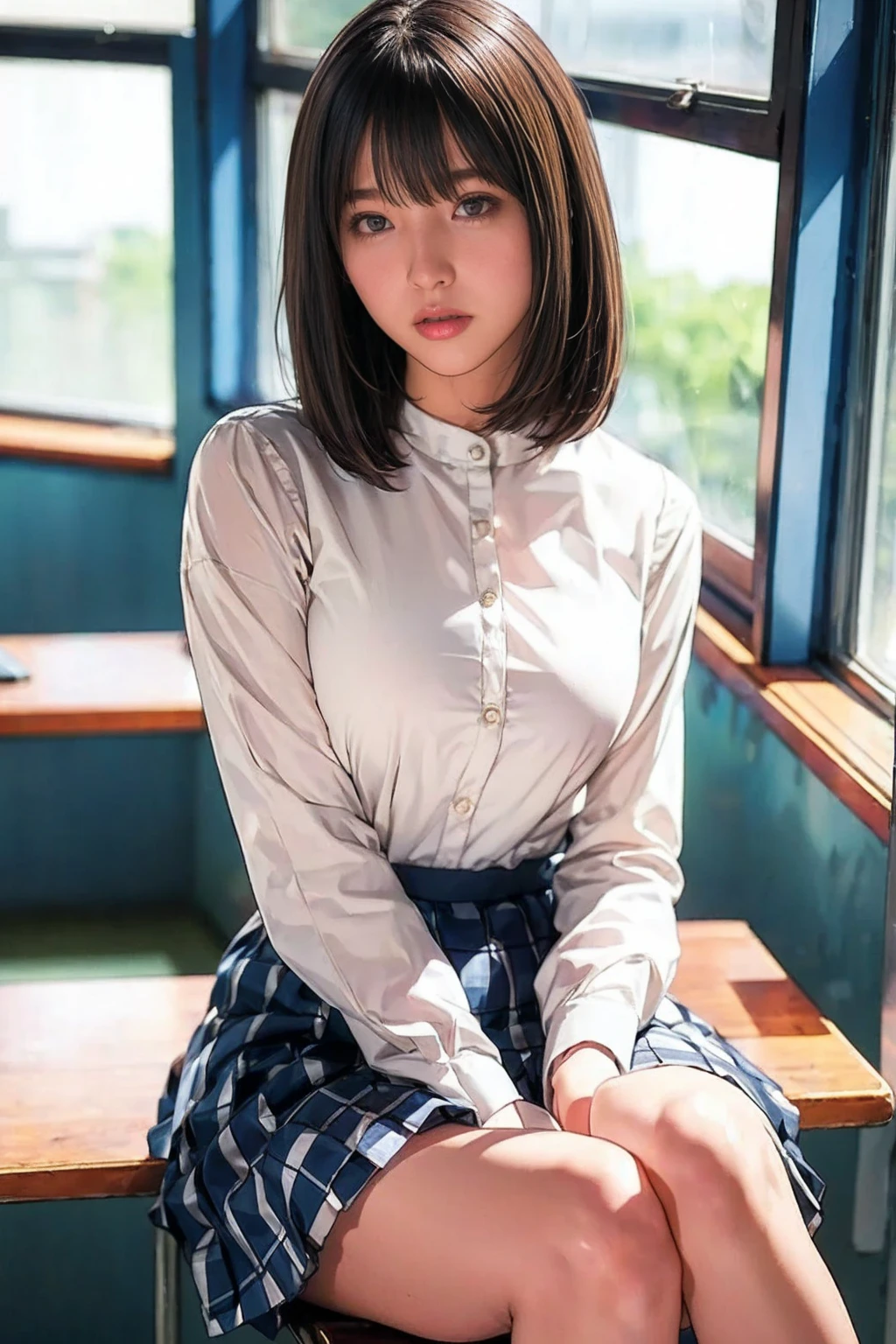 1 person、high school girl、Natural body shape、White skin、Natural Makeup、Black Hair、Bobcut、Please lift your skirt、(White blouse、Checkered Pleated Skirt)、Please sit down、Open the chest、Beautiful legs、Pure white panties、((The upper body is wearing a uniform))、（Window seat in classroom）、Looking into the camera、Navy blue socks、Brown Loafers、Full body photo