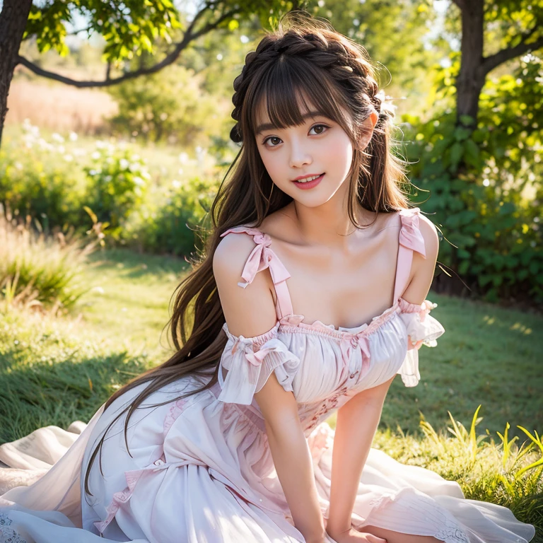 (((1))),((Photorealistic))), ((AKB 48)), (Full body photo))), (Lens flare)),((Backlight)), (In the woods))((Dark mountain lake))),(((Rock in the background)),(Flower crown,(Smiling)),((NIKON Z)),(19 years old),(Small bust))))( bright red wedding dress)))), (((Pore feeling)))), (skin feeling)))), (((Photorealism: 6, realistic)))), (sideways and turning around pose)),Perfect lower body shape, side ponytail, ribbon, hair ornament, pale skin, looking at the viewer, small waist