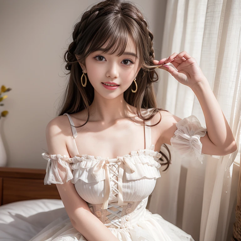 ((full body)), ((Presented from a bird's eye view)), ((realistic)), 1girll, interior scenes, ((Lie flat on the bed)), Pleasing posture, Eye-catching poses, pretty legs, Detailed scenes, curlies, Air bangs, Beautiful hair accessories, Brownish-yellow hair, light make-up, Blushlush, Gloss on lips, ((White color blouse, cropped shoulders, v neck, Short black high-waisted skirt, Nice belt)), (Campus style), warm lights, a warm color palette, Detailed details, ultra-detailliert, (tmasterpiece, best qualtiy), (An extremely delicate and beautiful work), Delicate earrings, Delicate necklace, Simple blurred background, Extreme detail description, Ultra-fine painting, Delicate face, slim toned body, Slimming the waist, (grin, happy grin, Baring teeth), (anatomy correct)