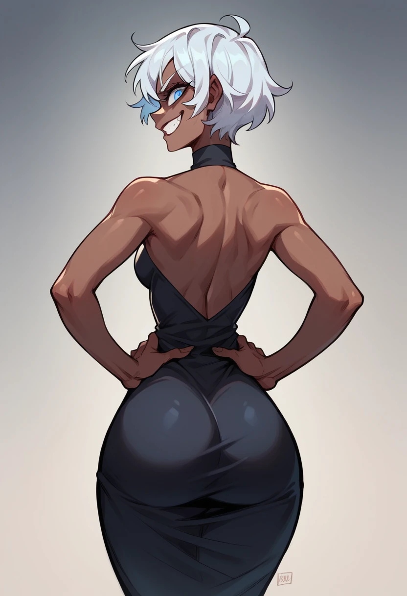 dark-skinned woman, shiny black dress, blue colored eyes, short white hair, Hands on waist, big-ass ,From the front, alluring face, Evil smile