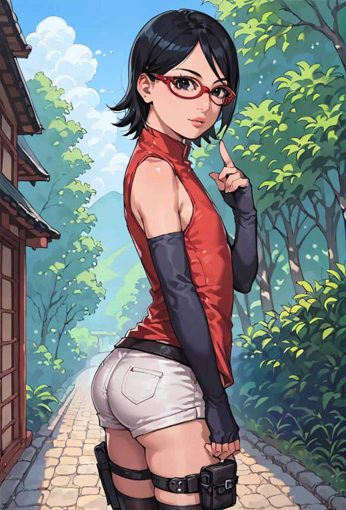 score_9_up, score_8_up, score_7_up, score_6_up, score_5_up, score_4_up, ,zPDXL2, solo, rating_safe, perfect face, perfect eyes, BBC_Chan Style, Sarada Uchiha, solo, 1girl, black hair, short hair, red-framed eyewear, glasses, black eyes,red dress, sleeveless, elbow gloves, black gloves, fingerless gloves, white shorts, black thighhighs, thigh holster, side view, large round butt, bubble butt ,konohagakure village pathway, flat chest,full lips