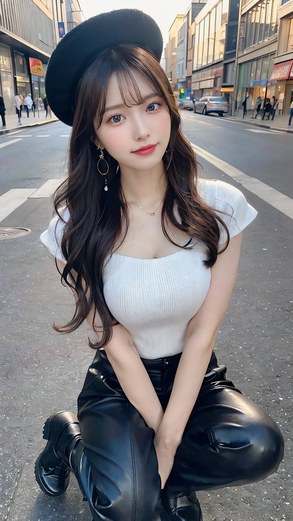 (best qualtiy,A high resolution,tmasterpiece:1.3),A tall and beautiful woman,Slender abs,Dark brown hair in loose wavy styling,Wearing a necklace,Red buttoned shirt,obi strip,Black skirt,Outdoor street,Beautifully rendered details in face and skin textures,Detailed eyes,二重まぶた,Selfie angle,手拿手提包。