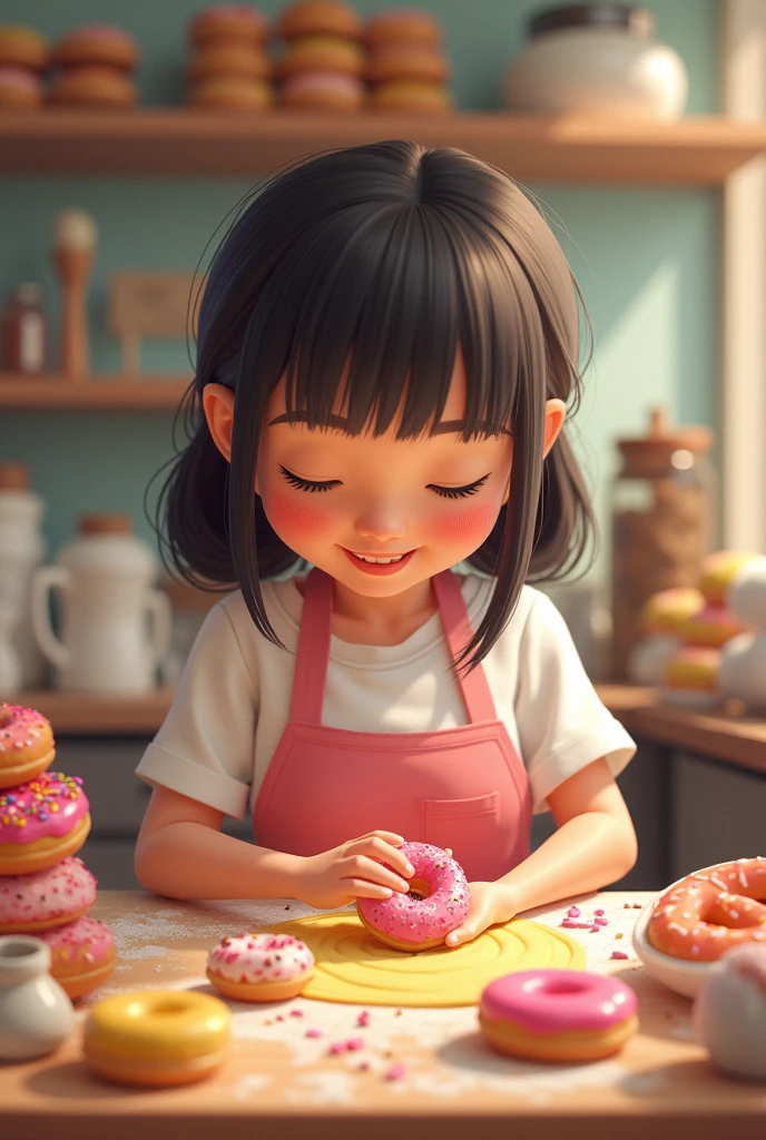 high resolution, 3D cartoon, Alafed asian woman in striped shirt holding donut, sun yunjoo, Cute Korean Actress, lee ji-eun, lee ji - eun, With short hair, tzuyu from twice, jaeyeon nam, cute - fine - face, Shiori Teshirogi, With bangs, Sui Ishida, Jinyoung Shin, kiko mizuhara, masterpiece, best quality