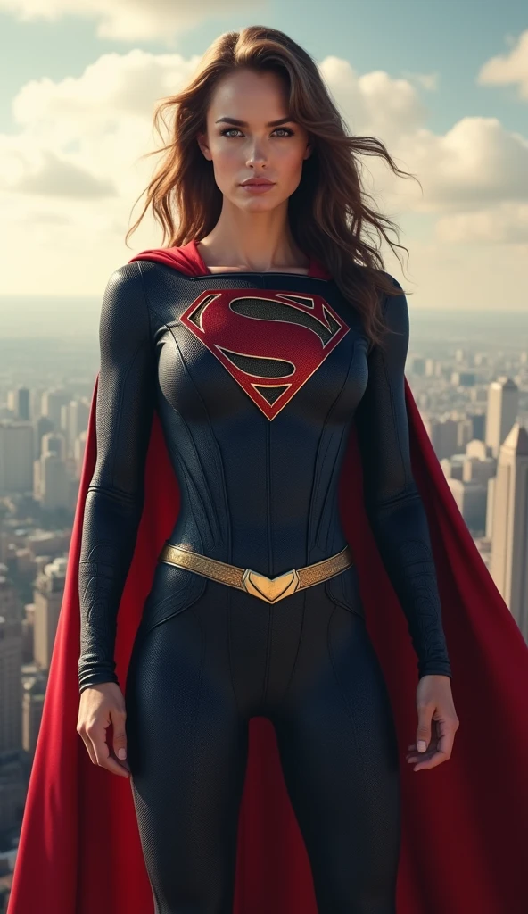 a beautiful freckled woman with pale skin, wavy hair, smiling, wearing a sexy (black superman's suit) with long red cape, with one exposed breast, (m4ry), blushing cheeks, large breasts, ultra-detailed, 8k, best quality, photorealistic, vivid colors, dramatic lighting, (red sky and sunset in the background), ponytail