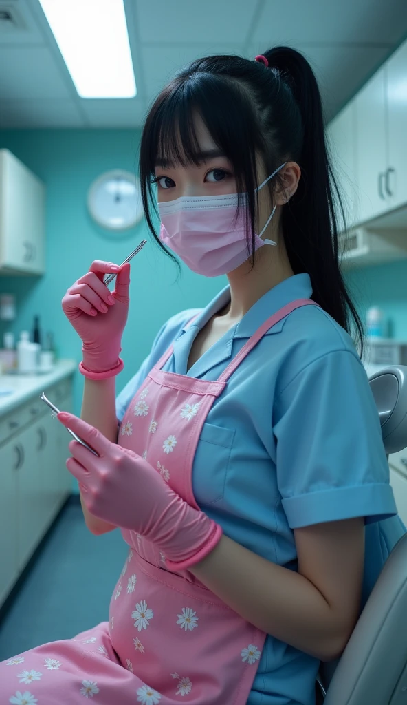 ((Bright and clear lighting)), sf, A detailed close-up image of an Asian woman's fingers transforming into tentacles indoors., Ultra-realistic, Organic Texture, Surreal, Very detailed, real, ((Pink rubber gloves, Pink Fingers)), Long fingers, ((Earthworm-like tentacles, Grotesque tentacle shapes)), slime, Mucus, Big Breasts, Slim face, Slim body, bangs, Brown Hair, Straight hair, Natural Makeup, Almond Eye, Black choker, Very long eyelashes, Eyelash extensions, ((Light blue shirt)), Looking at the camera, Wicked Smile, Creepy Laughter, Very long tongue, Sticking out tongue, saliva, The face of Japan idol, ((Bright classroom))