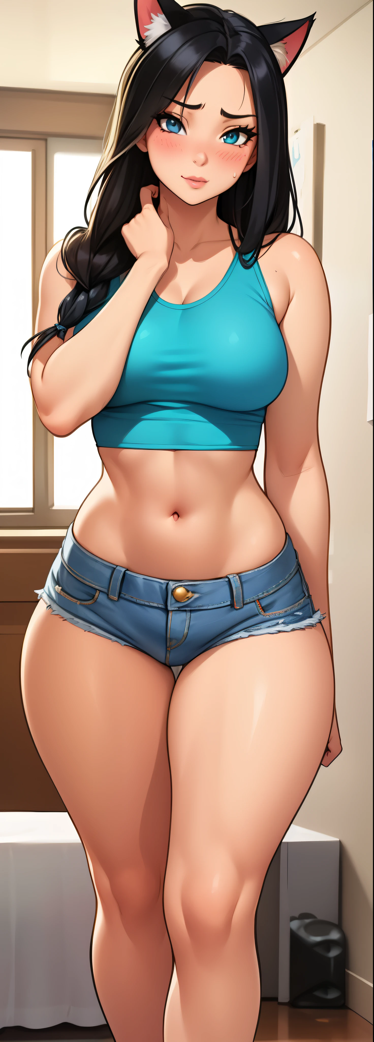 Another lesson and everyone starts to pack their materials, including Lara, Black hair beautiful cute hairstyle, a beautiful and cute girl, Lara is the president of the student council. You have a dangerous secret.
You stay in the room while Lara leaves and halfway there you realize that she forgot something and return to the room.
When Lara arrives in the room you see a cute scene, you alone licking yourself and with cat ears.
Lara: You, what do you mean?
You get all blushy and shy and hide your cat ears with your hand, Lara wearing sexy denim shorts, hip hop tank top
768 x 1536